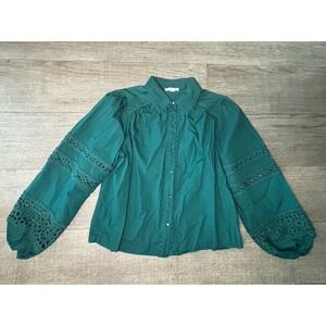 Ivy & Sage Women’s Large Green Boho Blouse Crochet Lace Balloon Sleeve Button